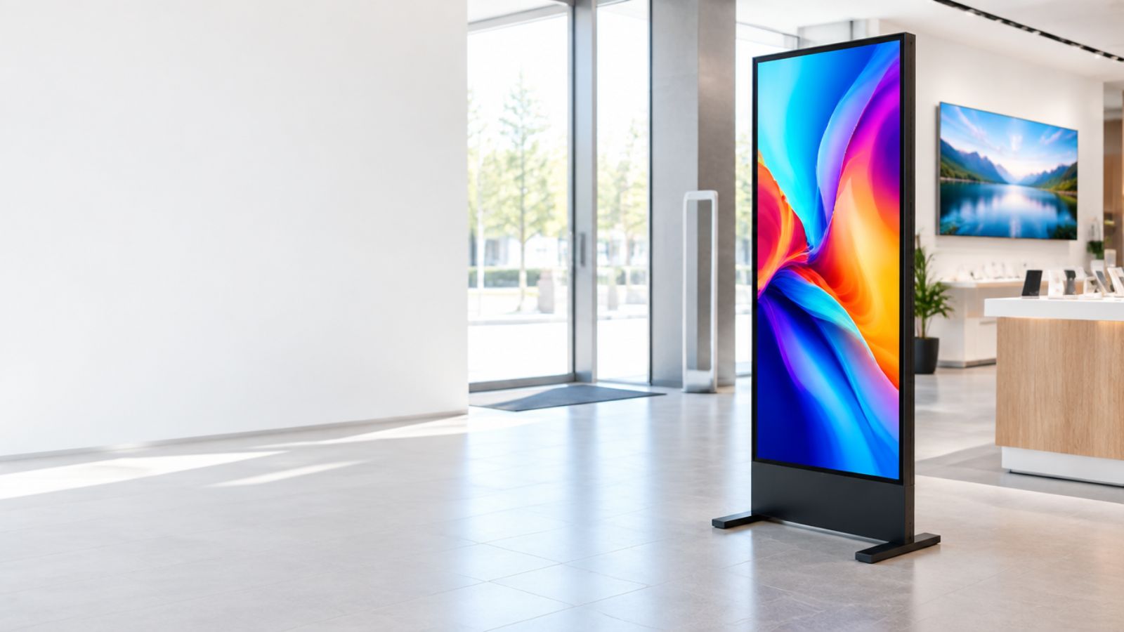 Freistehendes Digital-Signage-Display mit Standfuß im Eingangsbereich eines Geschäfts