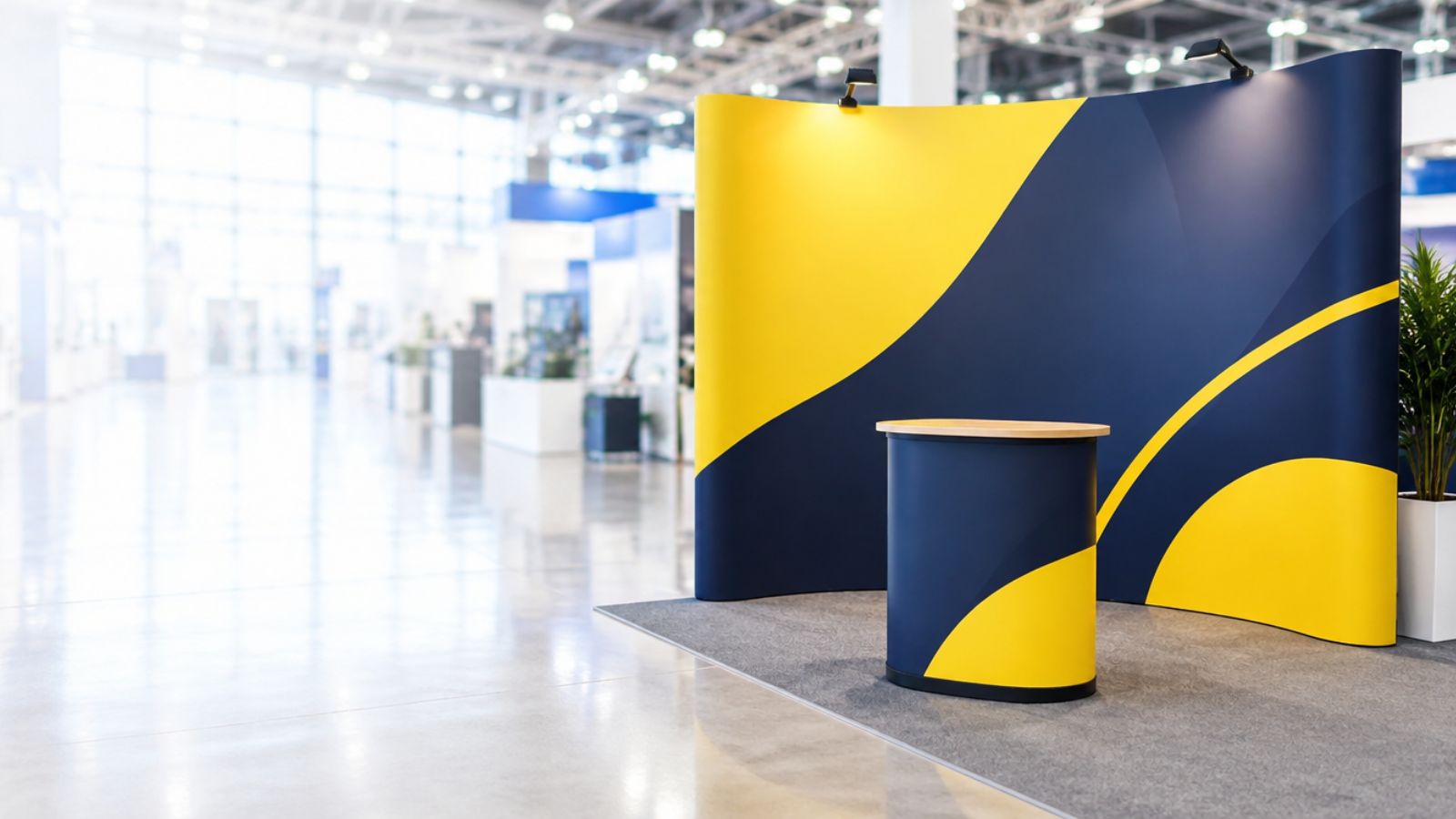 Gebogene Textil-Messewand mit Theke auf einer Messe