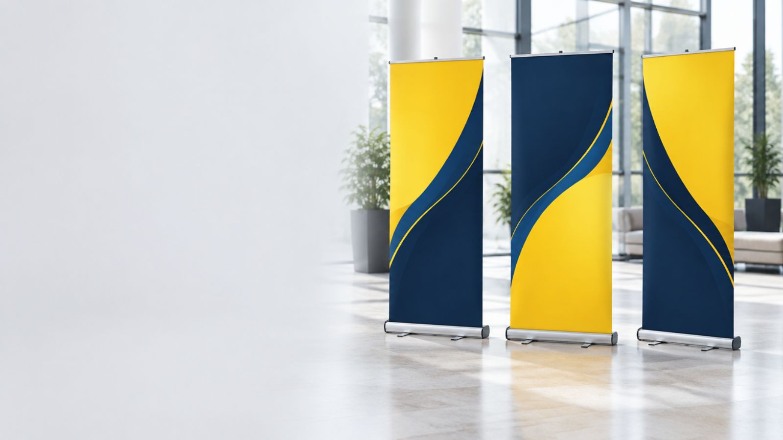 Drei Roll-up-Banner mit Alu-Kassette in einem hellen Foyer